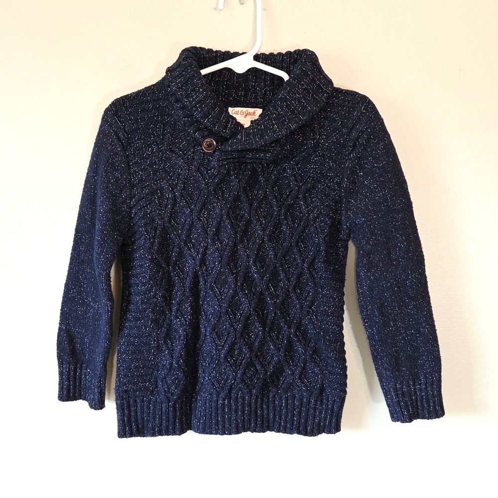 Cat & Jack Toddler Boys Navy Cable Knit Shawl Collar Sweater 3T